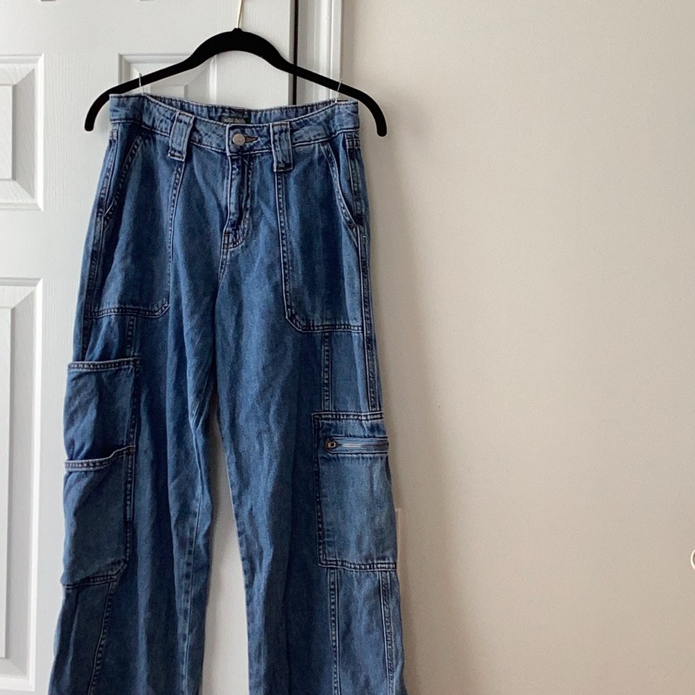 Wild Fable wide leg high rise cargo blue denim jeans utility casual Baggy 4